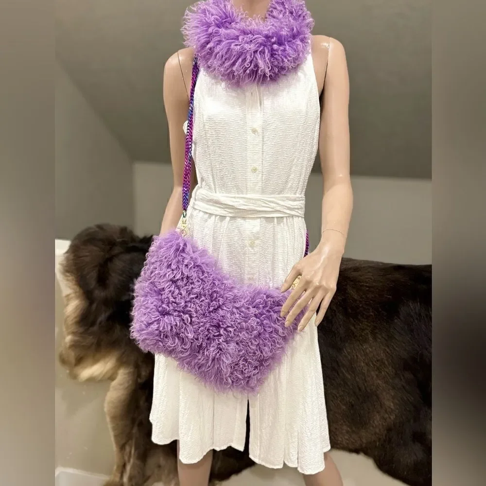 Handmade Lavender Real Curly Shearling Fashion Hobo Bag/Shoulder Bag/Crossbody